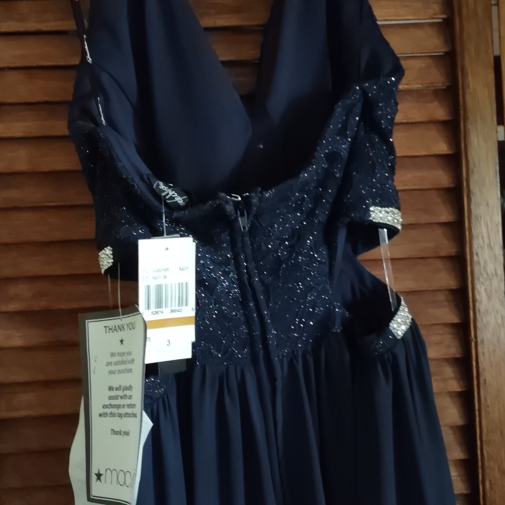 Navy Blue Long Halter top Evening gown, Sequin - Picture 4 of 10